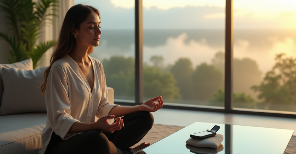 "A serene woman meditates on a minimalist couch amidst lush greenery, surrounded by cutting-edge gadgets like a sleek smartphone and smartwatch."