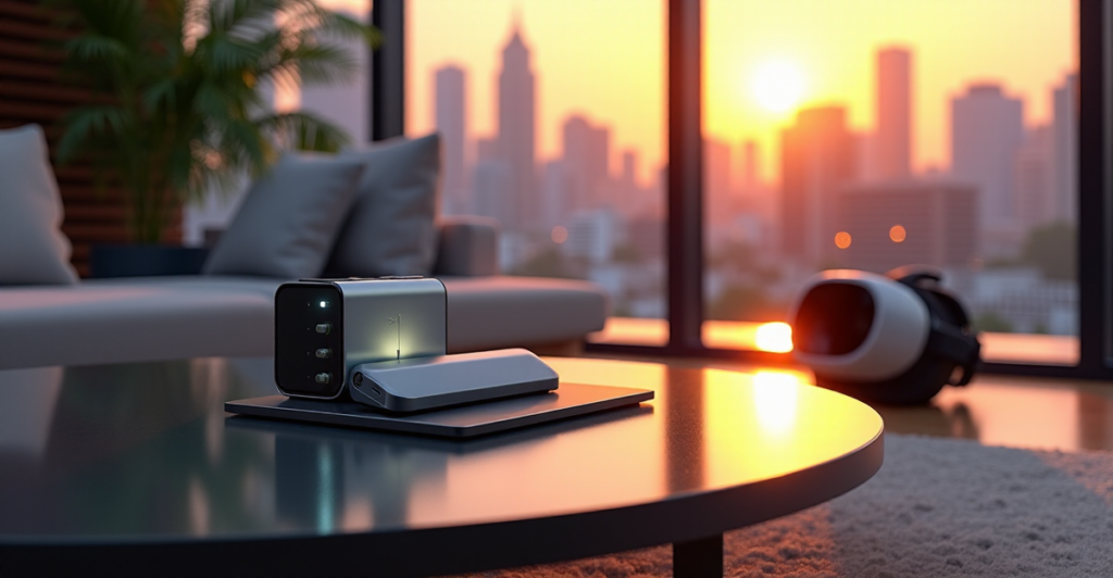 A futuristic living room with cutting-edge gadgets and devices connected to a sleek 5G smartphone and AI-powered smartwatch.