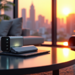 A futuristic living room with cutting-edge gadgets and devices connected to a sleek 5G smartphone and AI-powered smartwatch.