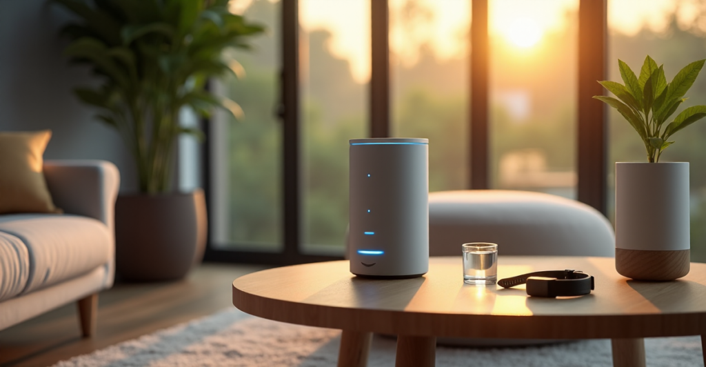 "A serene living room featuring a smart speaker, air purifier, fitness tracker, and water bottle amidst modern furniture and lush greenery."