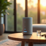 "A serene living room featuring a smart speaker, air purifier, fitness tracker, and water bottle amidst modern furniture and lush greenery."