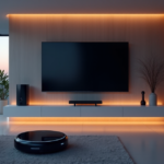 "Unlock Seamless Smart Home Efficiency with Latest Trends in AI Automation and 5G Gadgets" "A modern living room with smart home devices, a large TV, and cityscape background, showcasing top 5G connectivity gadgets in a sleek, industrial-chic setting."