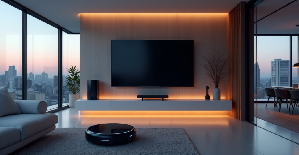 "A modern living room with smart home devices, a large TV, and cityscape background, showcasing top 5G connectivity gadgets in a sleek, industrial-chic setting."