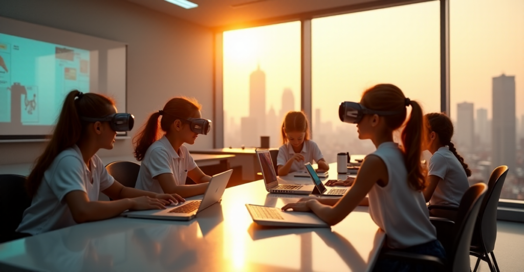 "A group of diverse students interact with cutting-edge gadgets, including augmented reality headsets, smart whiteboards, and AI-powered robots, showcasing top 5G connectivity features."