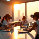 "A group of diverse students interact with cutting-edge gadgets, including augmented reality headsets, smart whiteboards, and AI-powered robots, showcasing top 5G connectivity features."