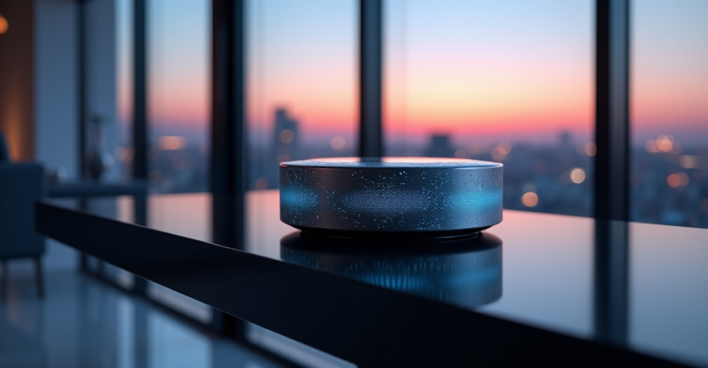 "Image of a sleek, cutting-edge smart home hub on a minimalist countertop in a modern living space with cityscape view at dusk."