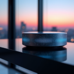"Image of a sleek, cutting-edge smart home hub on a minimalist countertop in a modern living space with cityscape view at dusk."