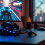 "A high-end gaming PC setup on a dark hardwood desk with a 5G-enabled controller, wireless earbuds, and a large curved 4K monitor displaying an immersive racing game scene."