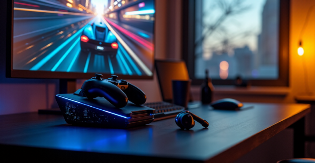 "A high-end gaming PC setup on a dark hardwood desk with a 5G-enabled controller, wireless earbuds, and a large curved 4K monitor displaying an immersive racing game scene."
