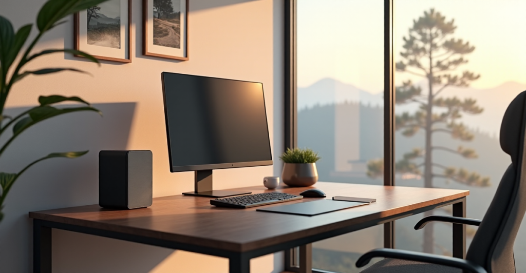 "A modern office space featuring a sleek desk with cutting-edge technology, surrounded by minimalist artwork and a serene natural landscape through a floor-to-ceiling glass window."