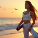 "A young woman stands on a serene beach at sunset, effortlessly balancing on one leg while holding a portable yoga mat and wearing a sleek fitness tracker."