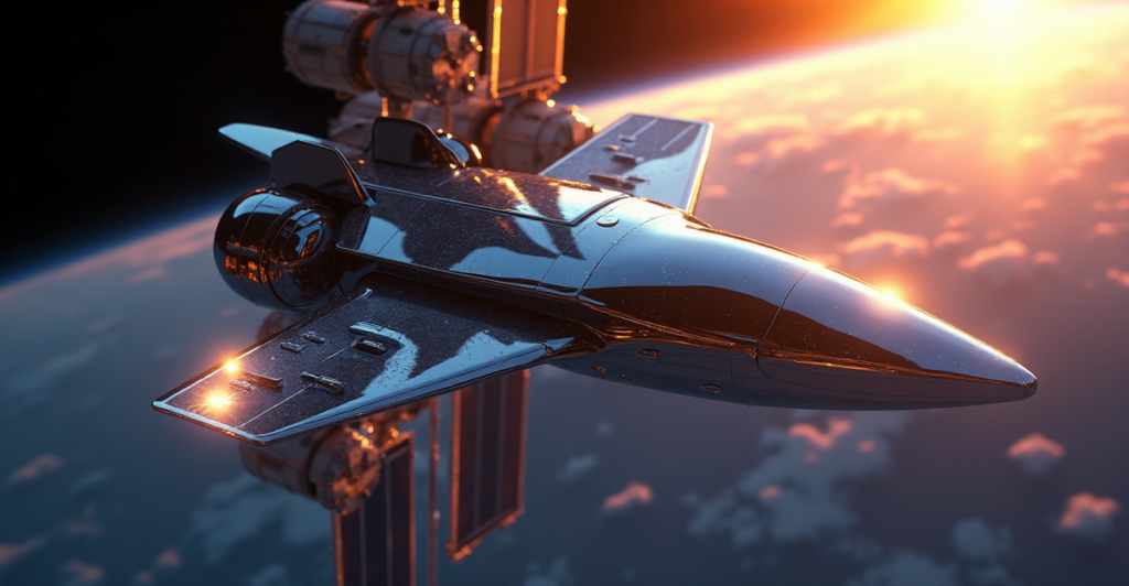 "An AI-powered robotic spacecraft, Aurora, docked at the ISS, with crystalline structures reflecting sunset hues, showcasing top 5G connectivity gadgets in space exploration."