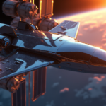 "An AI-powered robotic spacecraft, Aurora, docked at the ISS, with crystalline structures reflecting sunset hues, showcasing top 5G connectivity gadgets in space exploration."