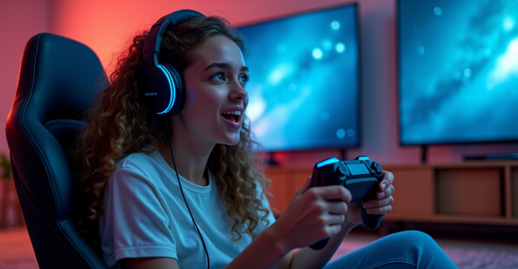 "A young woman enthusiastically immersed in a cutting-edge entertainment experience surrounded by futuristic technology and vibrant visuals."