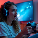 "A young woman enthusiastically immersed in a cutting-edge entertainment experience surrounded by futuristic technology and vibrant visuals."