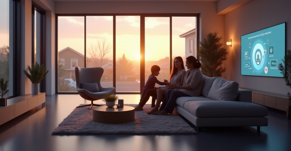 "A serene suburban evening scene featuring a futuristic smart home with a young family interacting with AI-powered technology through voice-controlled speakers and touchscreen displays."