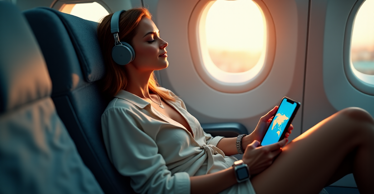 A young woman relaxes on an airplane seat surrounded by top-of-the-line mobile travel gadgets, enjoying music or a podcast with noise-cancelling headphones, showcasing top 5G connectivity gadgets in use.