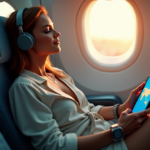 A young woman relaxes on an airplane seat surrounded by top-of-the-line mobile travel gadgets, enjoying music or a podcast with noise-cancelling headphones, showcasing top 5G connectivity gadgets in use.