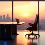 Elevate Your Workday with Smart Desks That Boost Productivity A minimalist office scene featuring a modern smart desk with LED lighting, ergonomic chair, and floor-to-ceiling glass wall offering a cityscape view at sunset; showcasing top productivity features for seamless work experience.