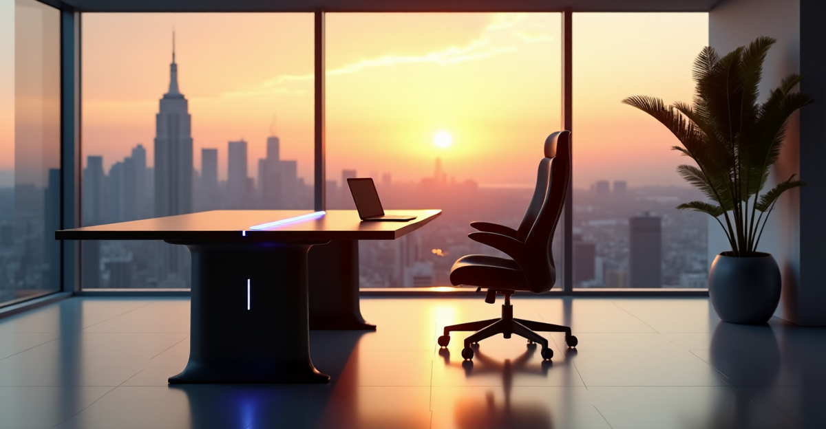 A minimalist office scene featuring a modern smart desk with LED lighting, ergonomic chair, and floor-to-ceiling glass wall offering a cityscape view at sunset; showcasing top productivity features for seamless work experience.