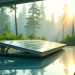 A futuristic laboratory set amidst lush greenery, featuring cutting-edge solar panels, vertical farms, and energy-efficient servers in a serene forest landscape at dawn.