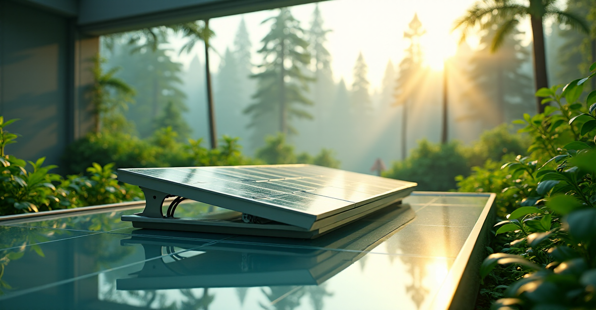 A futuristic laboratory set amidst lush greenery, featuring cutting-edge solar panels, vertical farms, and energy-efficient servers in a serene forest landscape at dawn.