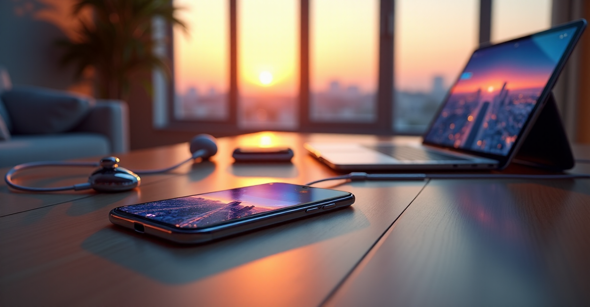 A sleek silver smartphone with AI features lies on a high-gloss wooden desk amidst cutting-edge gadgets, showcasing top 5G connectivity gadgets 2025 in a modern living room setting.