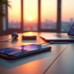 A sleek silver smartphone with AI features lies on a high-gloss wooden desk amidst cutting-edge gadgets, showcasing top 5G connectivity gadgets 2025 in a modern living room setting.