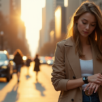 A young woman wearing a sleek silver smartwatch with high-resolution touchscreen display, checking time amidst urban scenery with towering skyscrapers and pedestrians.