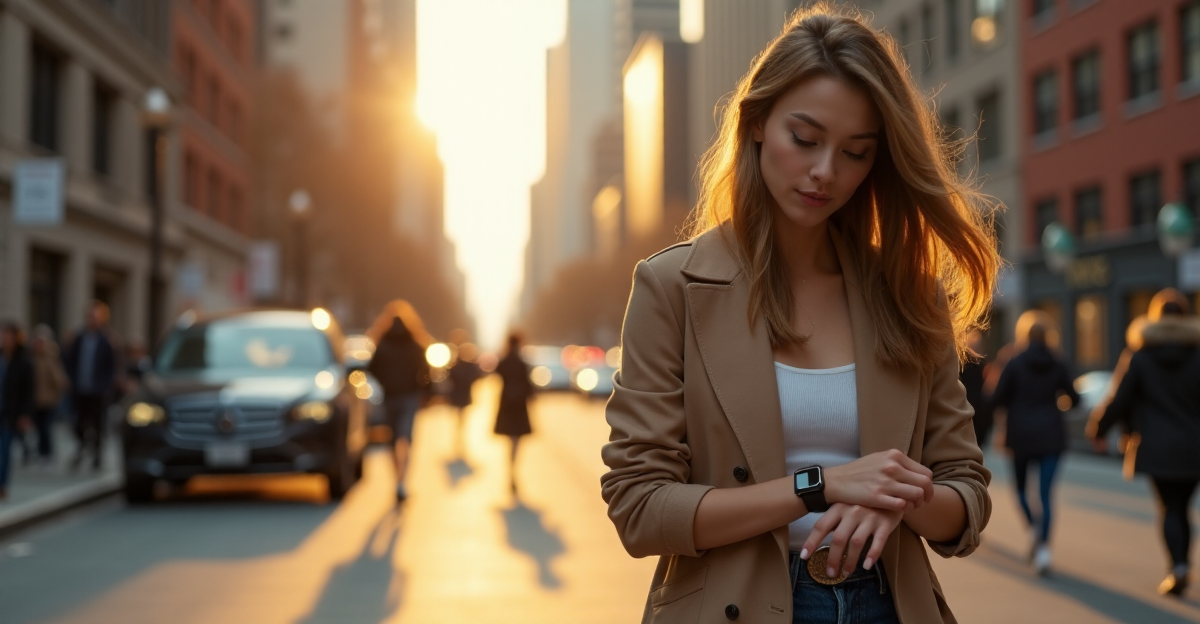 A young woman wearing a sleek silver smartwatch with high-resolution touchscreen display, checking time amidst urban scenery with towering skyscrapers and pedestrians.
