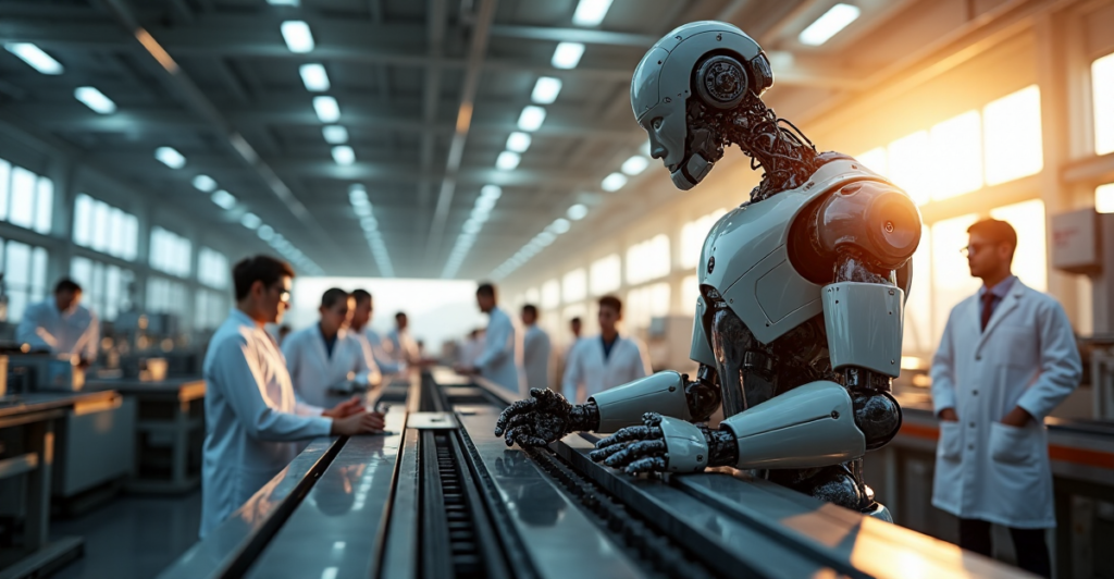 "Image of a modern manufacturing facility showcasing cutting-edge robotic arm technology integrated with 5G connectivity."