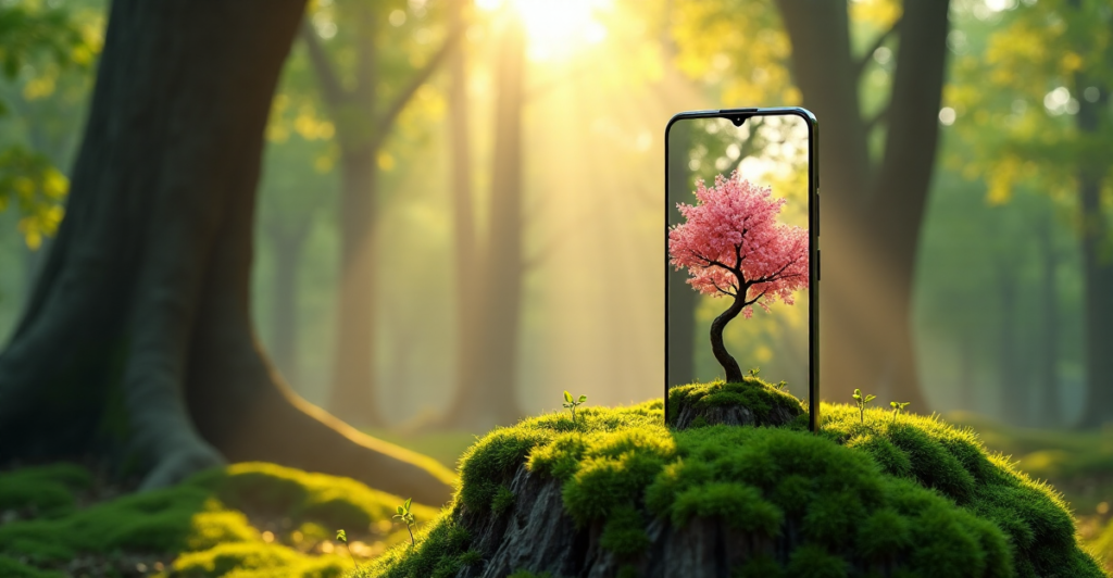 "A sleek silver smartphone on a moss-covered pedestal in a serene forest environment, symbolizing harmony with nature and top 5G connectivity gadgets 2025."