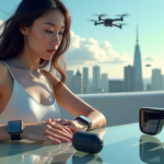 "Top Wearable Tech Innovations for a Smarter Future: Discover the Best 5G Gadgets and AI-Powered Devices to Enhance Your Daily Life" A young woman wearing a sleek silver smartwatch and modern high-tech jumpsuit surrounded by cutting-edge wearable tech devices on a sunny rooftop overlooking a futuristic cityscape.