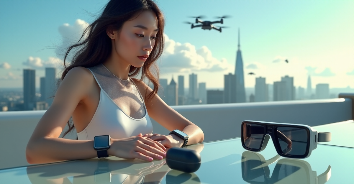 A young woman wearing a sleek silver smartwatch and modern high-tech jumpsuit surrounded by cutting-edge wearable tech devices on a sunny rooftop overlooking a futuristic cityscape.