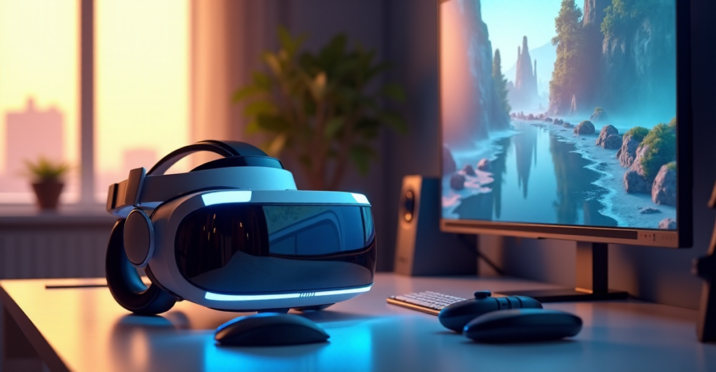 "A sleek VR gaming headset sits on a high-tech desk amidst a home entertainment system featuring top 5G connectivity gadgets, including wireless controllers and an AI-powered console."