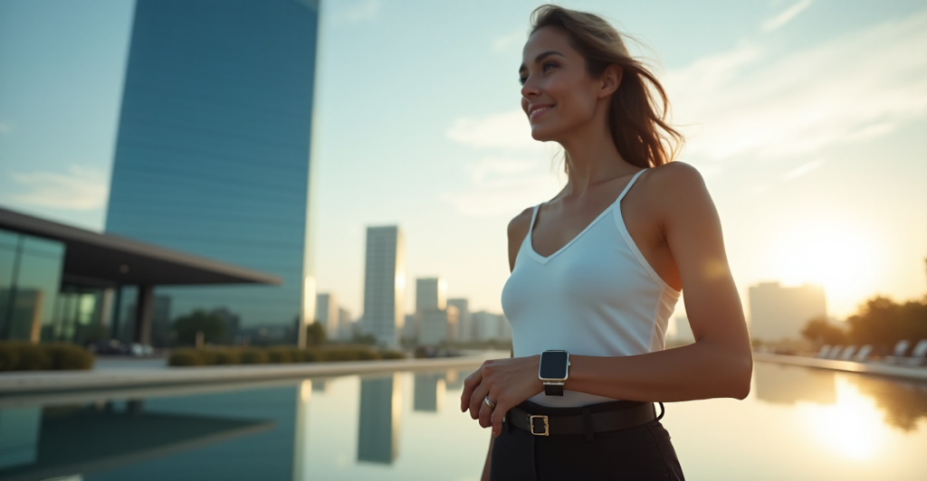 "A young woman wearing a sleek silver smartwatch walks towards a modern glass skyscraper during golden hour, surrounded by serene cityscape details."
