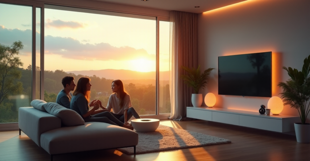 "A family gathered around a smart home hub in a modern living room with cutting-edge devices, surrounded by lush greenery and serene suburban landscape."