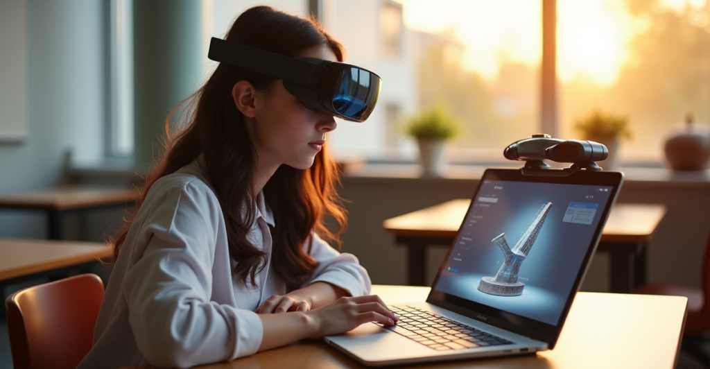 A young female student sits confidently at a minimalist wooden desk in a modern classroom, surrounded by cutting-edge tech tools including a state-of-the-art laptop with AR glasses, highlighting top 5G connectivity gadgets for seamless learning experience.