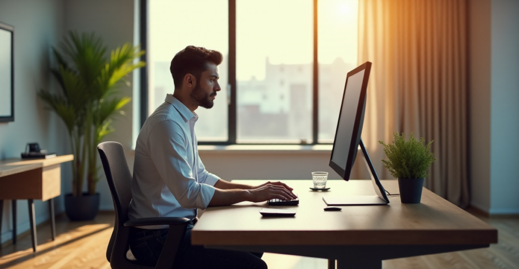 "A young professional sits at a minimalist desk with cutting-edge technology, exuding calm focus amidst natural light pouring in through a large window."