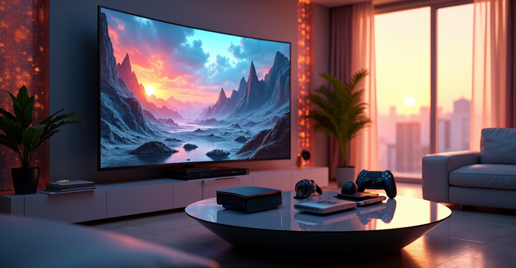 "A futuristic gaming setup in a high-tech living room, featuring an 85-inch 8K OLED TV surrounded by cutting-edge gadgets and immersive LED screens."