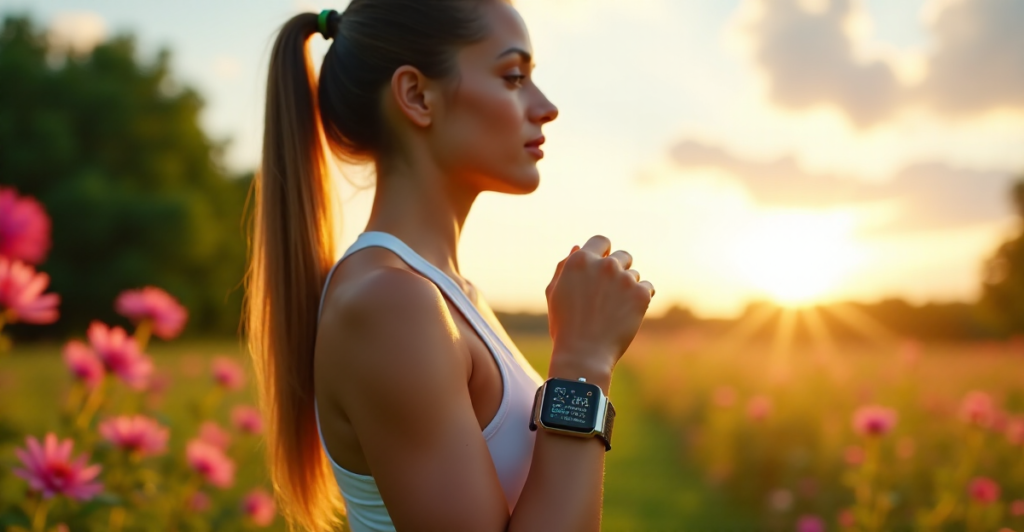 "A young woman wearing a sleek silver smartwatch stands confidently in a serene outdoor environment surrounded by lush greenery and vibrant flowers."