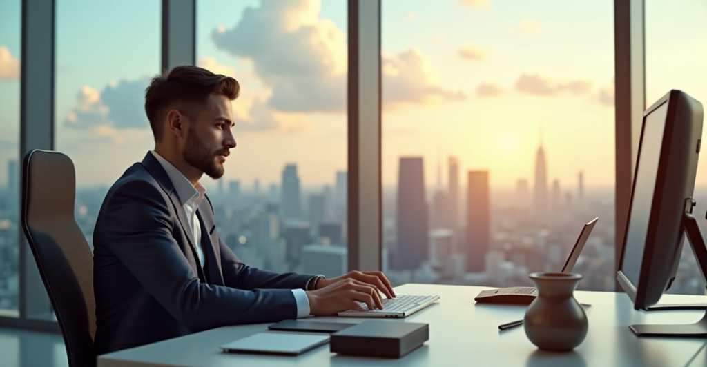 "A young professional sits at a minimalist desk surrounded by cutting-edge gadgets and AI automation devices in a futuristic office with a stunning city view."