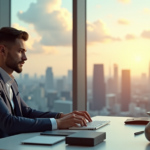 "A young professional sits at a minimalist desk surrounded by cutting-edge gadgets and AI automation devices in a futuristic office with a stunning city view."