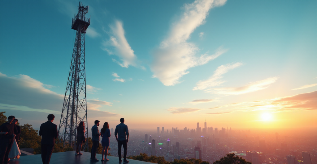 A photorealistic image of a sleek silver 5G cell tower in a bustling cityscape with diverse people enjoying seamless connectivity and efficiency.