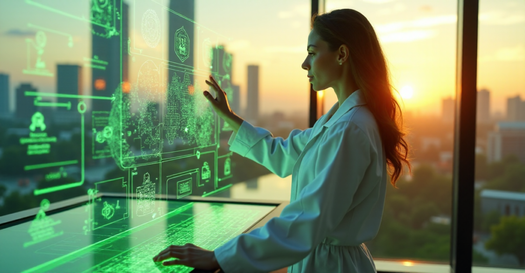 "A young female scientist stands confidently beside a cutting-edge touchscreen interface in a futuristic green tech laboratory, with a lush cityscape at sunset through a floor-to-ceiling window."