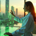 "A young female scientist stands confidently beside a cutting-edge touchscreen interface in a futuristic green tech laboratory, with a lush cityscape at sunset through a floor-to-ceiling window."