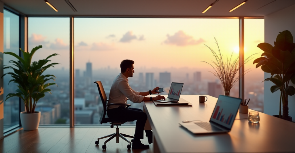 "A modern office scene with an employee surrounded by cutting-edge gadgets, showcasing top 5G connectivity gadgets 2025, amidst a serene cityscape."
