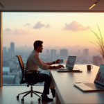 Maximize Office Efficiency with Cutting-Edge 5G Gadgets and AI Automation "A modern office scene with an employee surrounded by cutting-edge gadgets, showcasing top 5G connectivity gadgets 2025, amidst a serene cityscape."