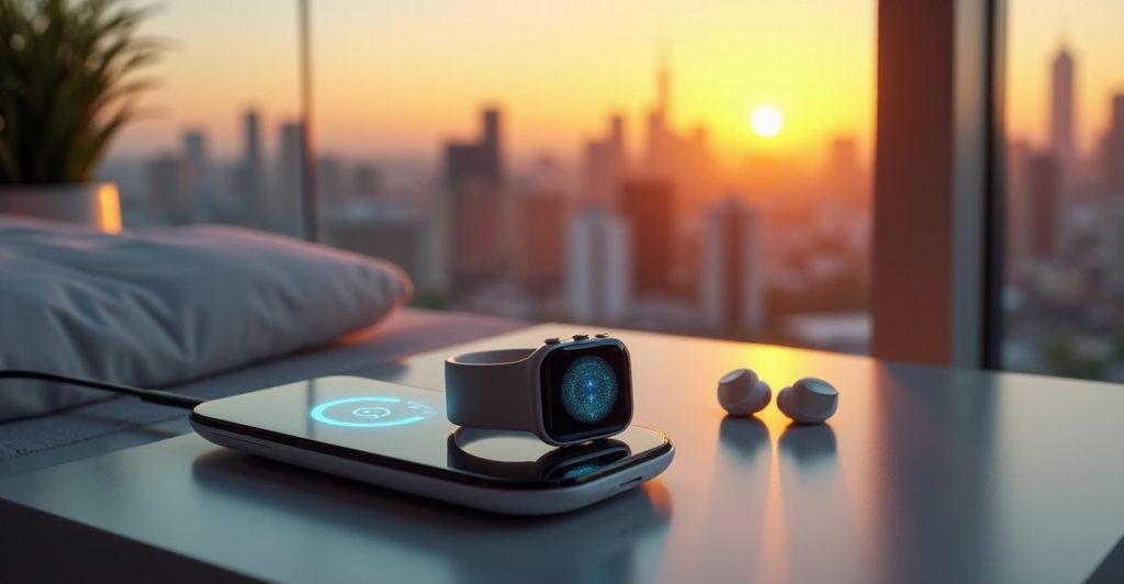 "A futuristic smartwatch on a minimalist wrist, surrounded by cutting-edge tech in a modern living room with cityscape view at sunset."