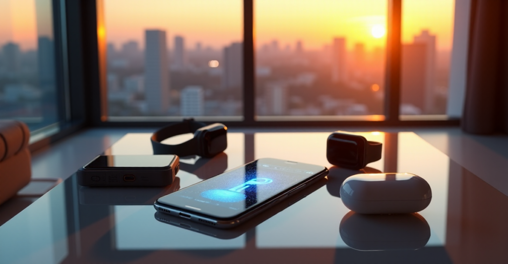 "A sleek silver smartphone with AI-powered interface on a minimalist coffee table surrounded by cutting-edge gadgets in a modern living room at sunset."